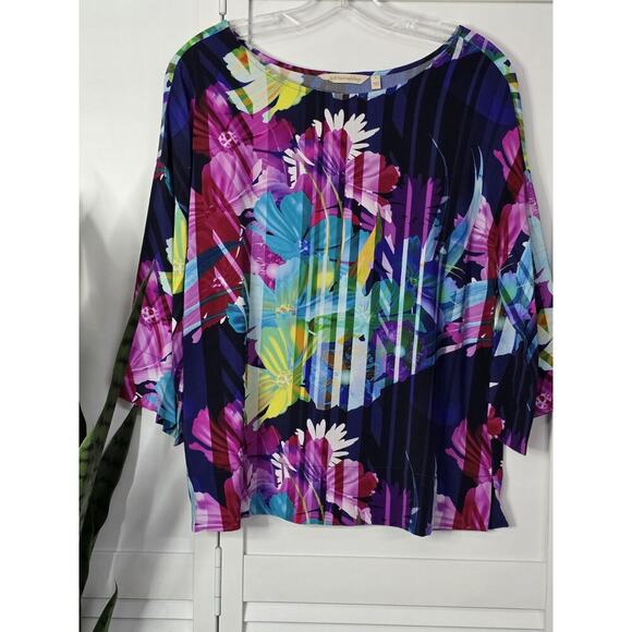 Soft Surroundings Womens Mignon Colorful Top S Pullover 3/4 Sleeve Floral Stripe - Picture 2 of 6